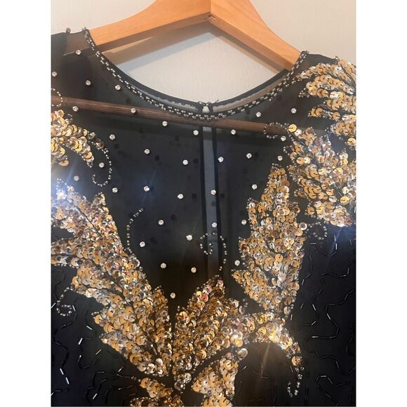 Vintage Jaqueline Ferrar 12 Sequin Beaded Sheath Dress Black Gold Party Cocktail - Picture 11 of 14